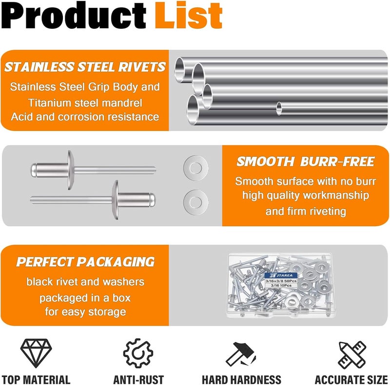 JTAREA 60pcs 3/16" x 3/8" Stainless Steel Pop Rivets with Stainless Steel Washers 4.8 x 10mm Blind Rivet Assortment Kit - Image 3
